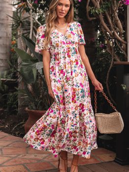 Red Floral Short Sleeve V Neck High Waist Maxi Dress