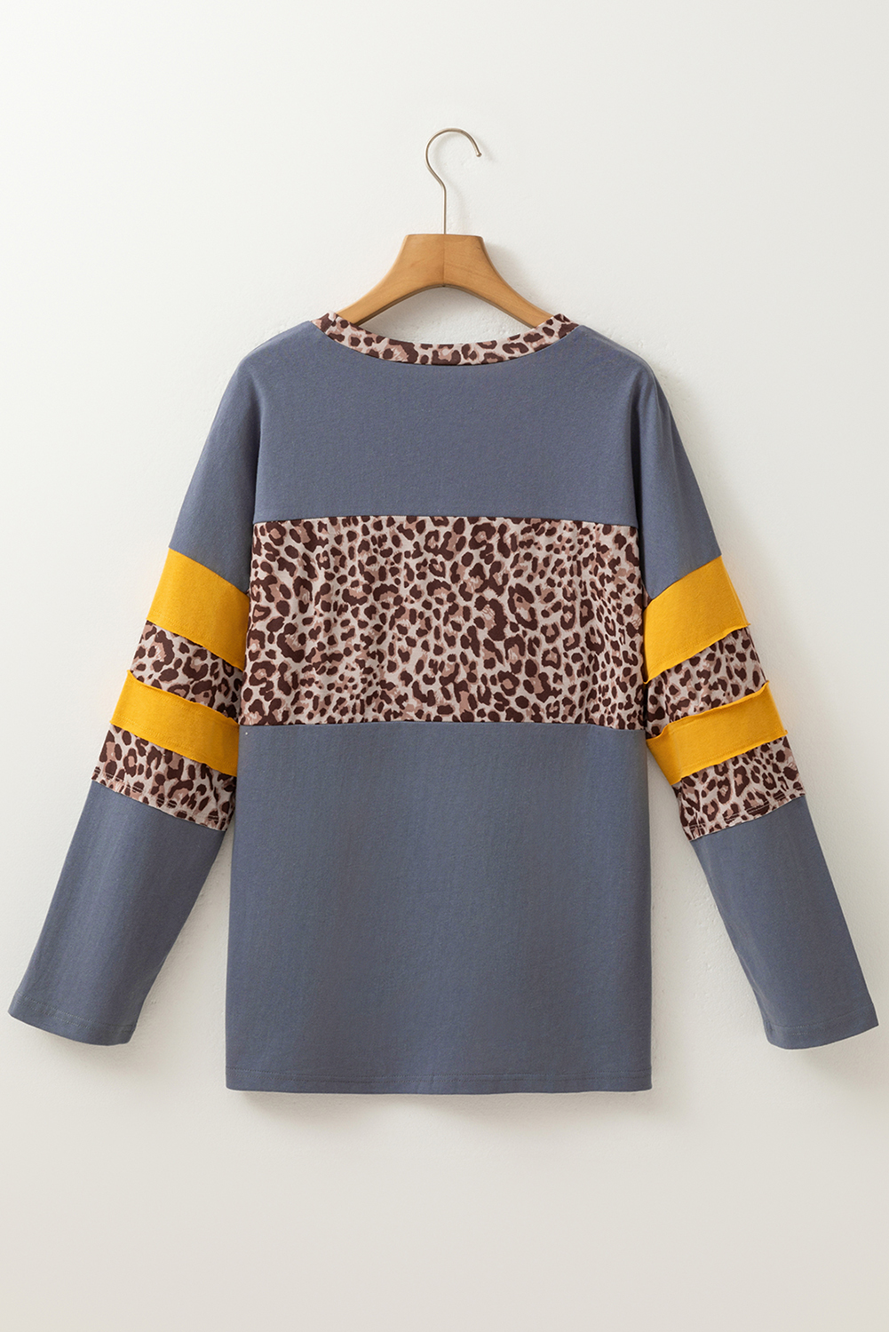 Dark Blue Leopard Colorblock Patchwork Long Sleeve Drop Shoulder Top - Image 4
