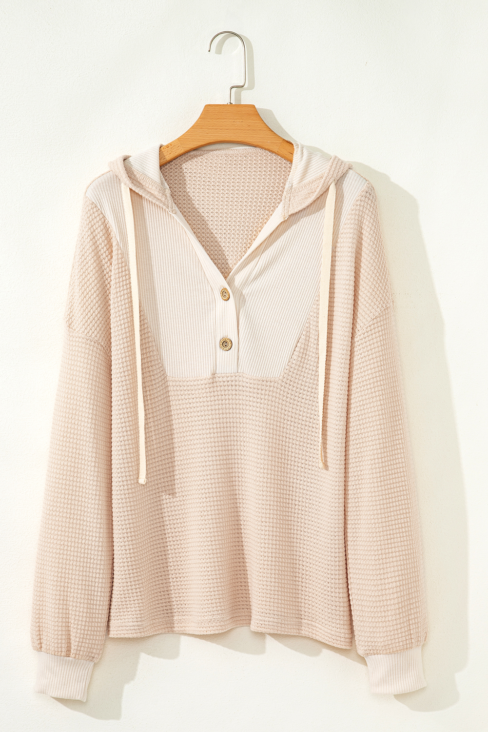 Oatmeal Waffle Patchwork Drop Shoulder Hooded Long Sleeve Top - Image 5