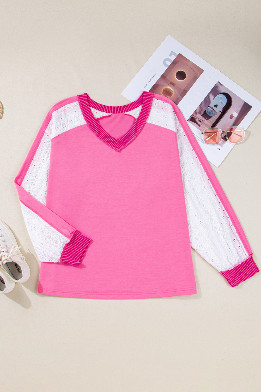 Bonbon Lace Striped Patchwork Long Sleeve Corded V Neck Plus Size Top - Image 8