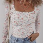 White Floral Print Textured Square Neck Slim Fit Long Sleeve Top