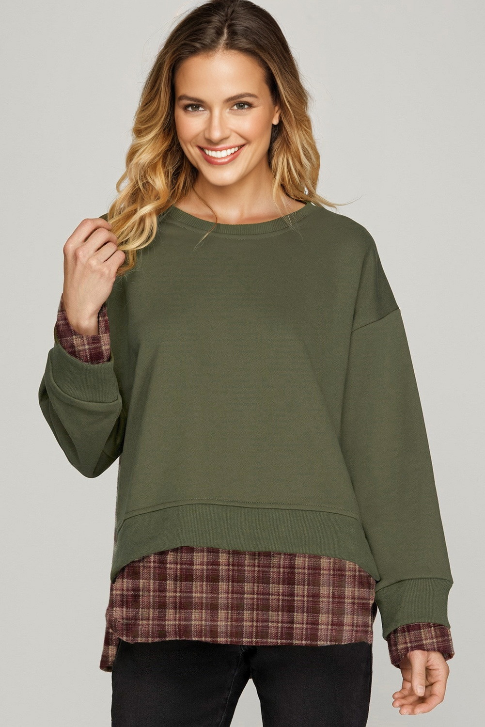 Moss Green Vintage Plaid Patchwork Drop Shoulder Sweatshirt - Image 2