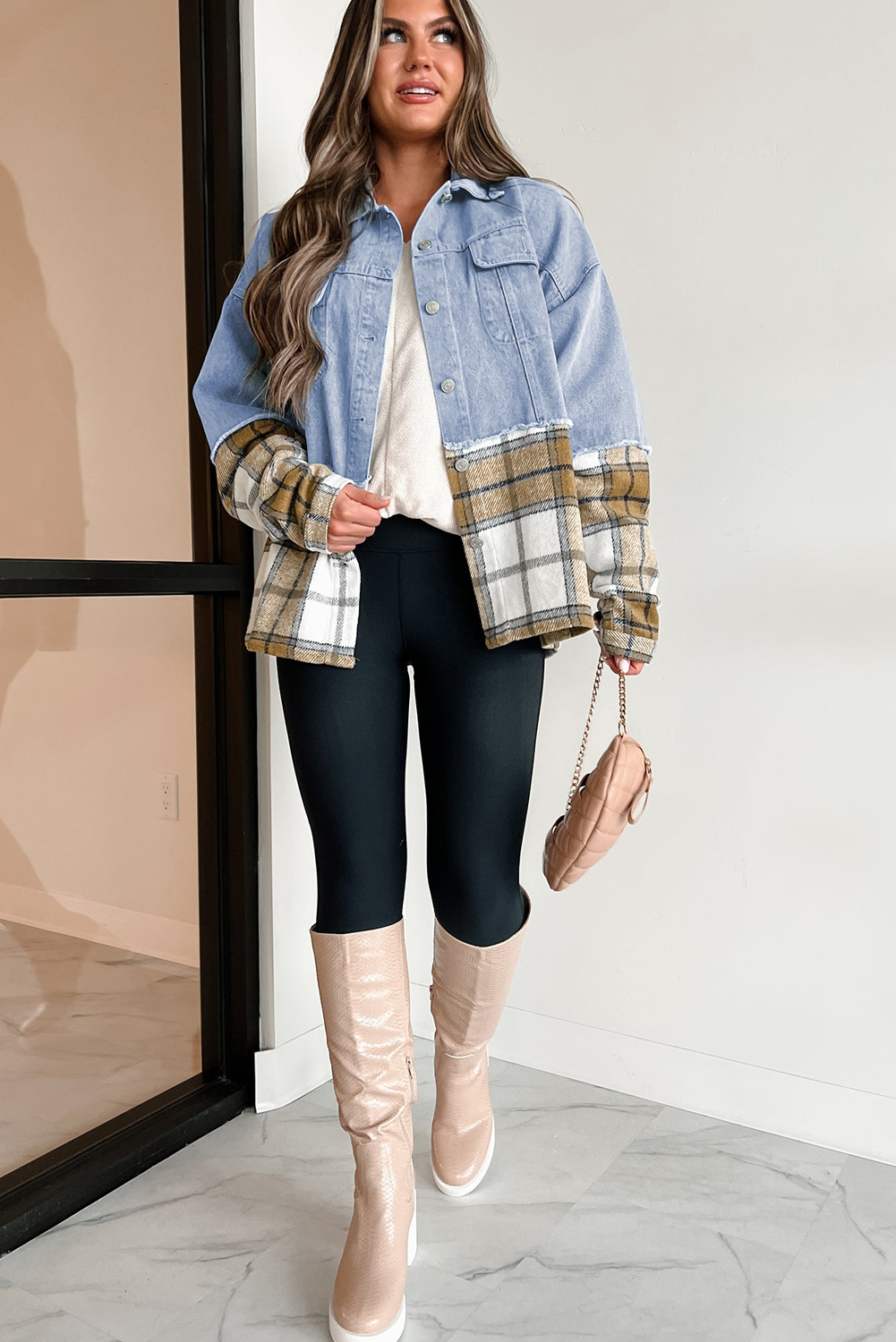 Khaki Plaid Patchwork Buttoned Oversized Denim Jacket - Image 5
