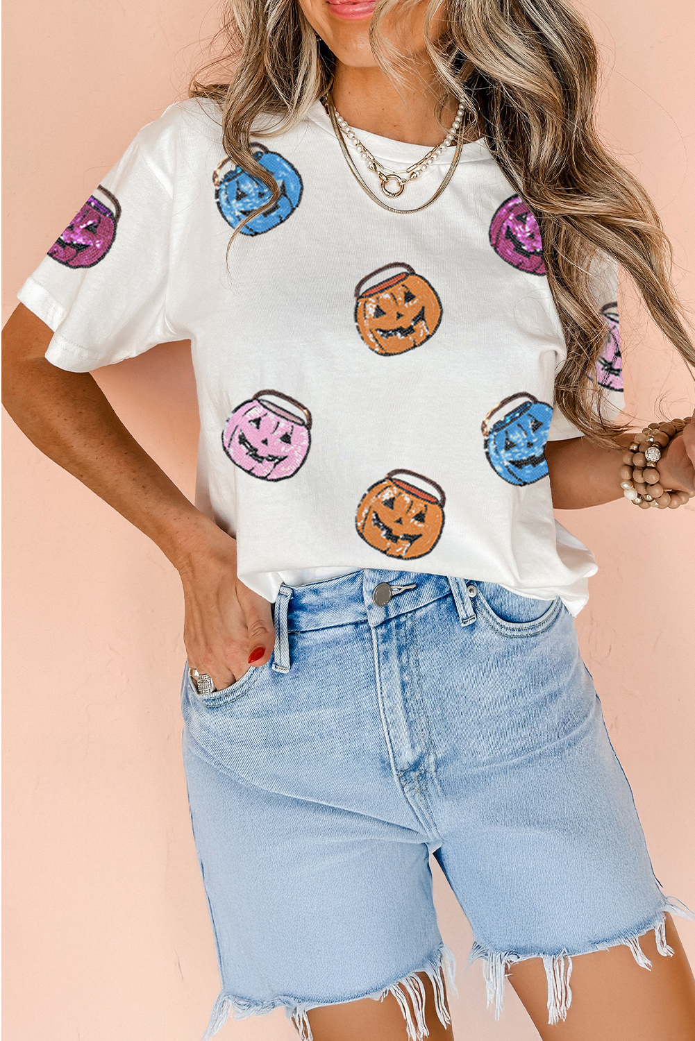 White Sequin Pumpkin Face Patched Crew Neck Holiday T Shirt - Image 6