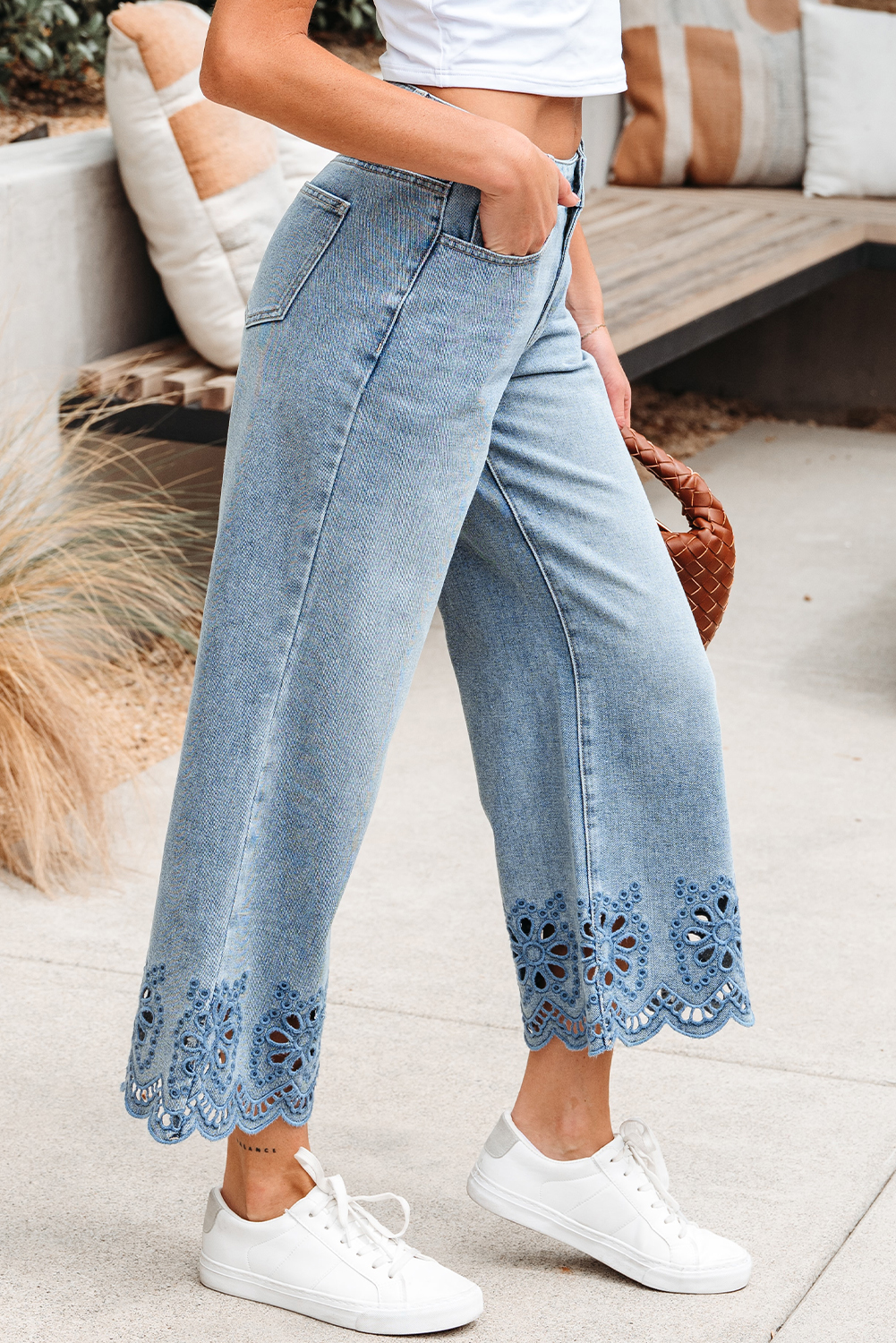 Dusk Blue Embroidered Cropped Wide Leg High Waist Jeans - Image 5