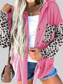 Rose Red Leopard Patched Twisted Ribbed Western Casual Shacket