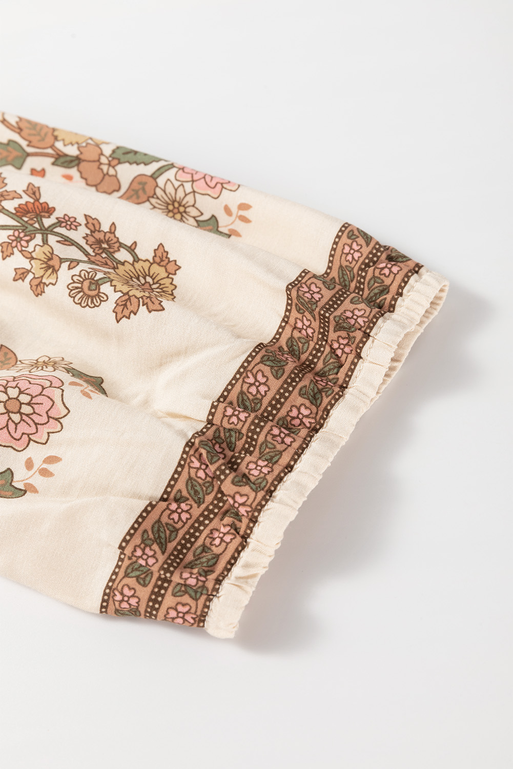 Apricot Floral Print Tassel Drawstring V Neck Loose Mini Dress - Image 6