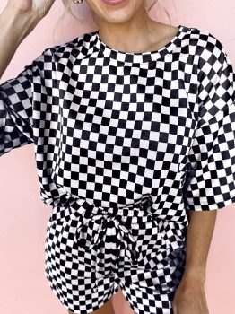 Black Checkered Top and Short Casual 2pcs Set