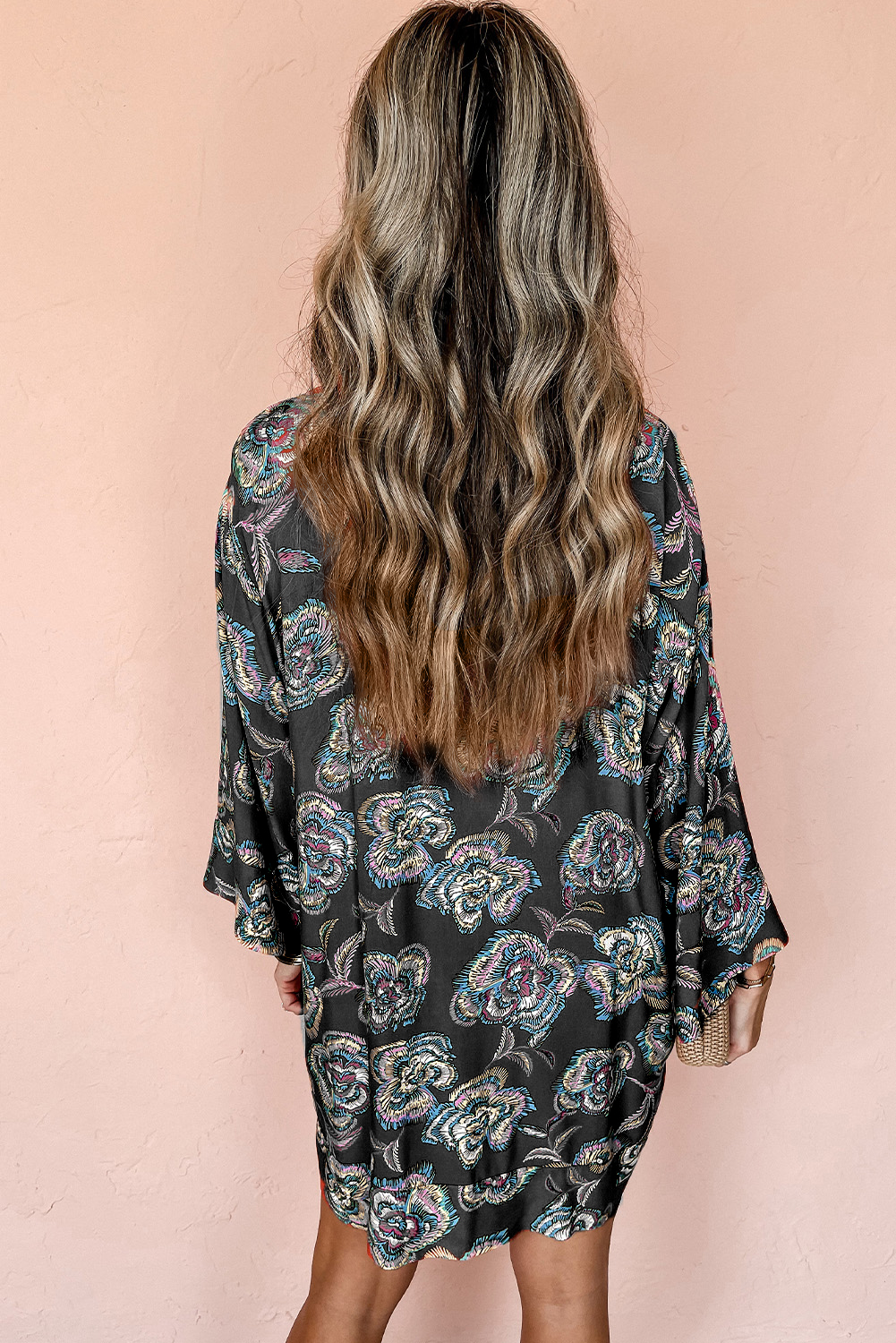 Black Floral Print Lapel Collar Loose Shirt Mini Dress - Image 2