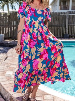 Dark Blue Square Neck Bubble Sleeve Ruffled Floral Dress