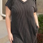 Carbon Grey Corded V Neck Plus Size T Shirt Dress with Pockets