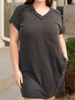 Carbon Grey Corded V Neck Plus Size T Shirt Dress with Pockets