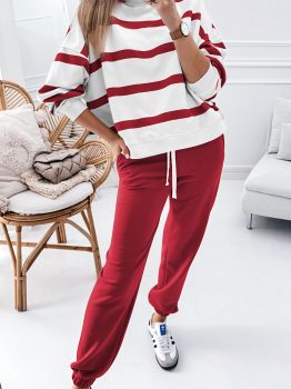 Red Stripe Drop Shoulder Pullover and Jogger Pants Set