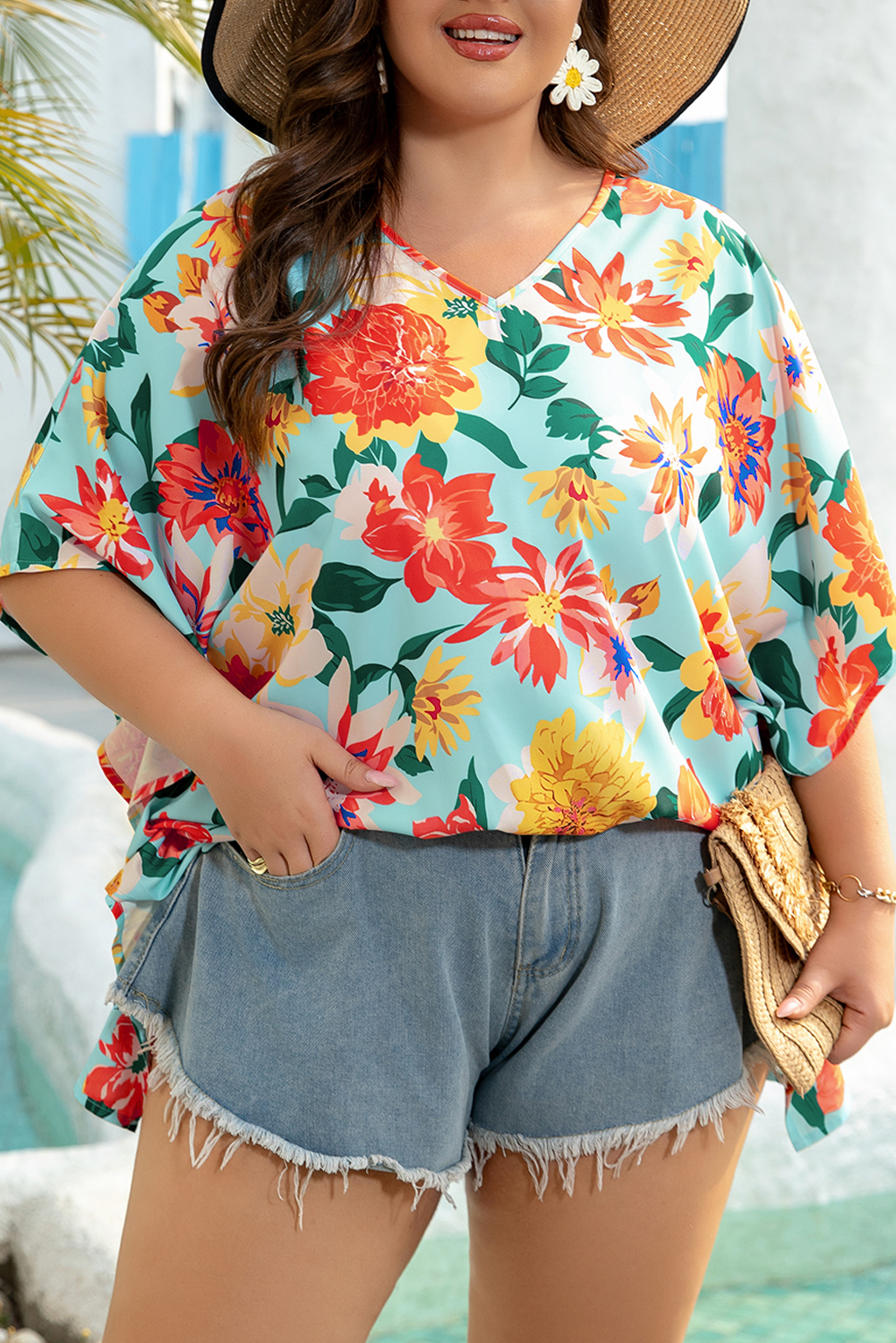 Sky Blue Plus Size Floral Print V Neck Batwing Sleeve Blouse - Image 7