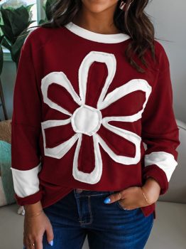 Red Dahlia Cheerful Daisy Flower Patched Round Neck Long Sleeve Top