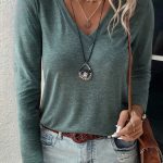 Mist Green Solid Color Long Sleeve V Neck Top