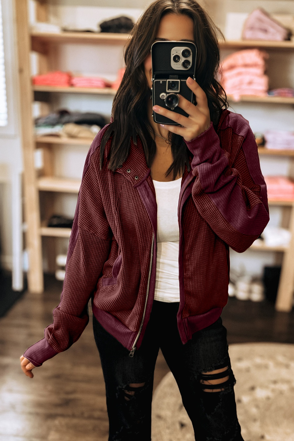 Burgundy Waffle Splicing Zip Up Front Button Hooded Jacket - Image 5