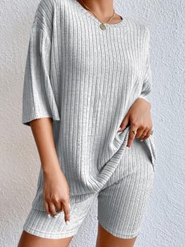 Gray Plain Ribbed Loose Fit Two Piece Lounge Set