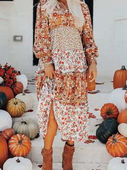 Khaki Floral Print Ruffled Tiered Long Sleeve V Neck Midi Dress