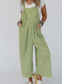 Green Gingham Wide Leg Loose Overall with Pockets