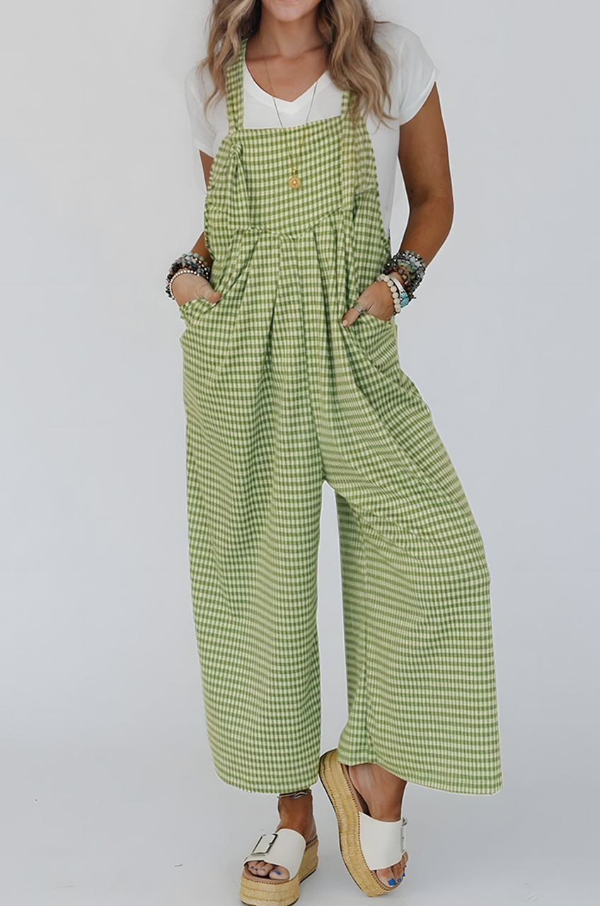 Green Gingham Wide Leg Loose Overall with Pockets
