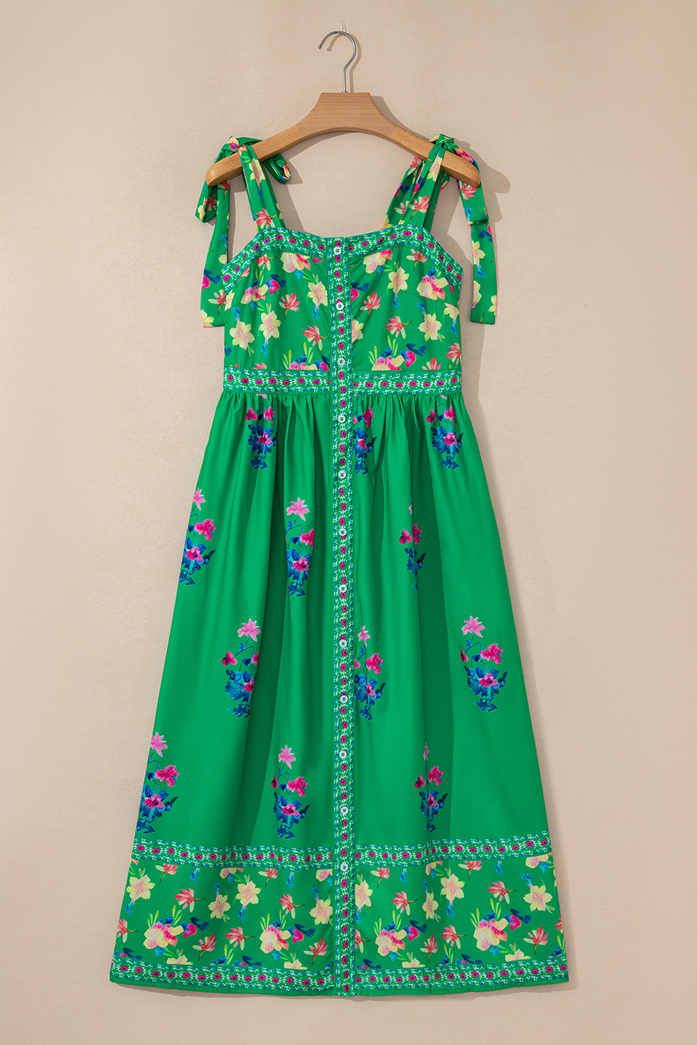 Green Floral Print Contrast Trim Knotted Straps Midi Dress - Image 7