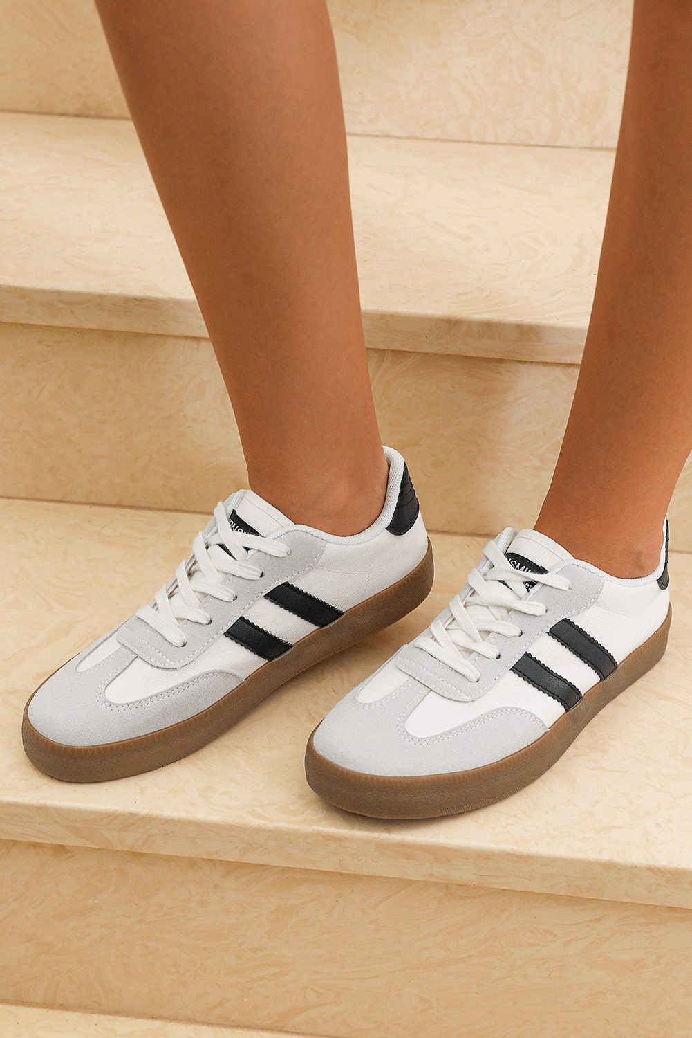 White Striped Lace-up Flat Sneakers - Image 6