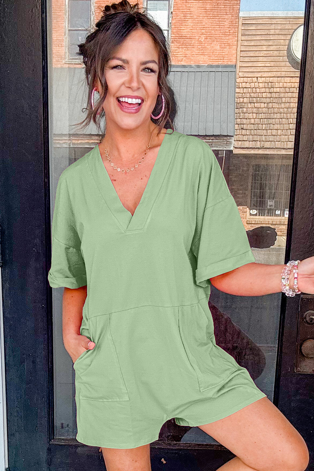 Grass Green Loose Half Sleeve V Neck Knit Romper - Image 8