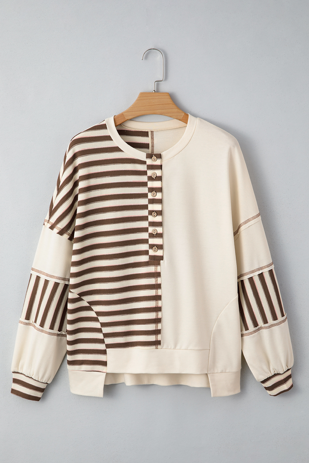 Khaki Stripe Stitched Detail Color Block Patchwork Oversized Pullover Top - Image 8