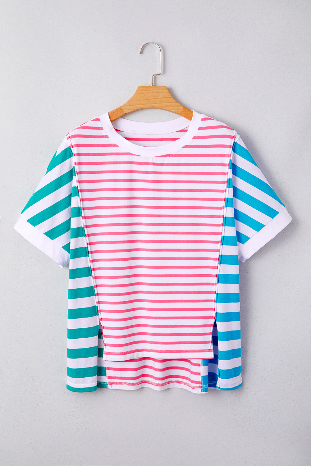 Pink Stripe Mixed Pattern Patchwork Uneven Hem Loose Tee - Image 4