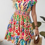 Sky Blue Abstract Print V Neck Dolman Sleeve Ruffle Tiered Mini Dress