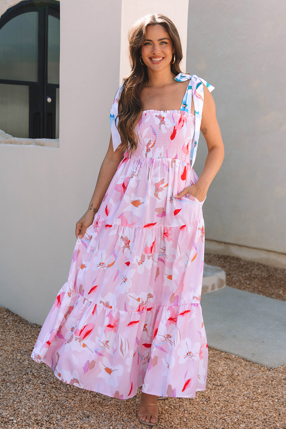 Pink Floral Print Knotted Shoulder Smocked Maxi Dress - Image 5