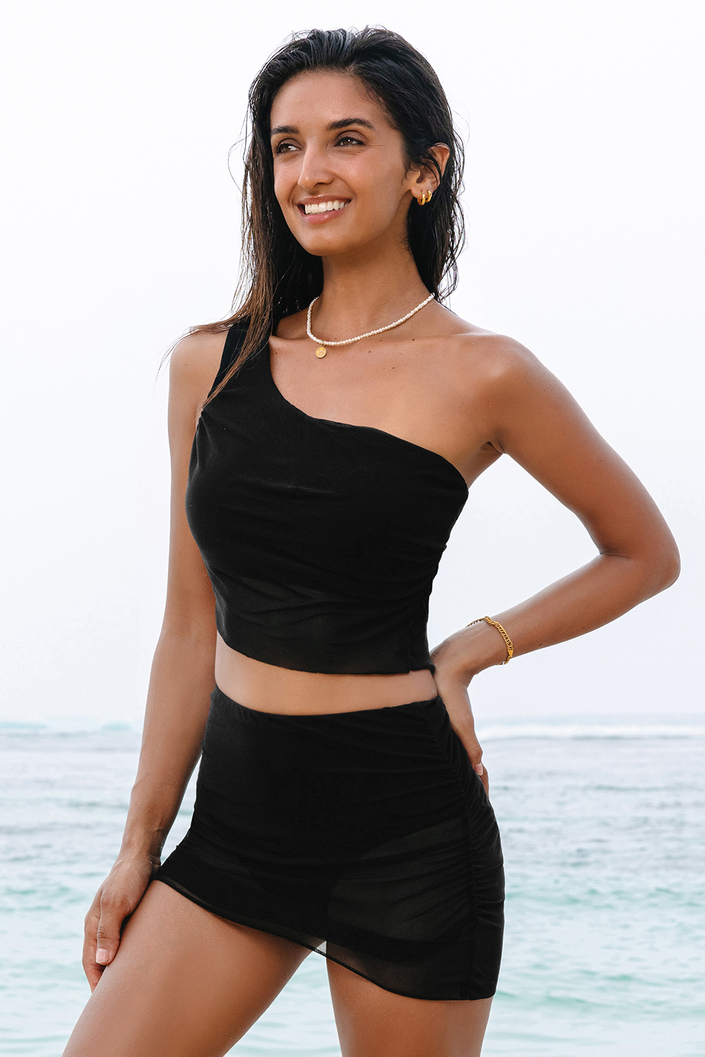 Black Pleated Mesh One Shoulder Bikini Top and Skirts Set - Image 4