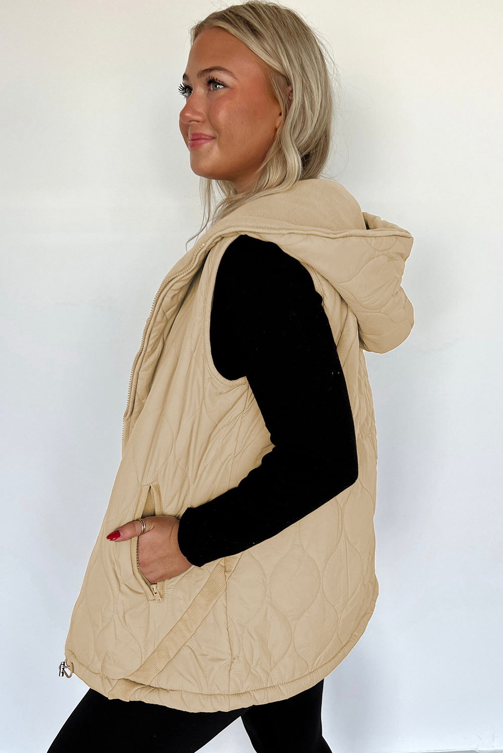 Pale Khaki Quilted Padded Casual Winter Jacket Vest with Fleece Lining - Image 4