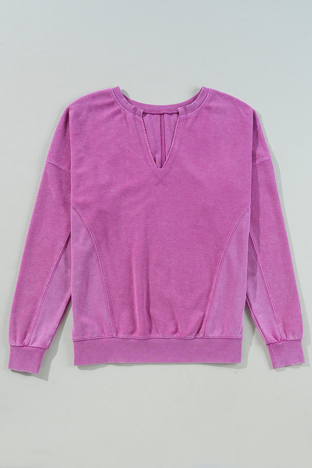 Bright Pink Solid Color Notched Neck Drop Shoulder Sweatshirt - Image 5