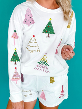 White Stripe Multi Christmas Tree Long Sleeve Top and Shorts 2pcs Lounge Set