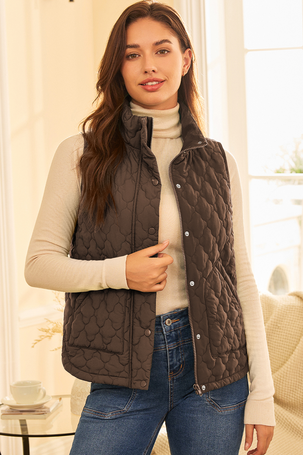 Dark Brown Flower Shape Quilted Snap Button Zip Up Winter Vest - Image 5