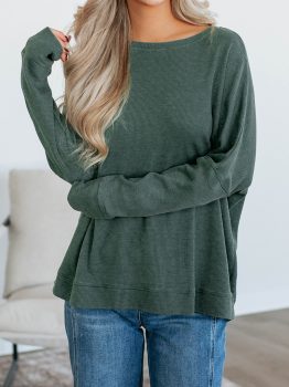 Mist Green Waffle Knit Patchwork Long Sleeve Loose Top