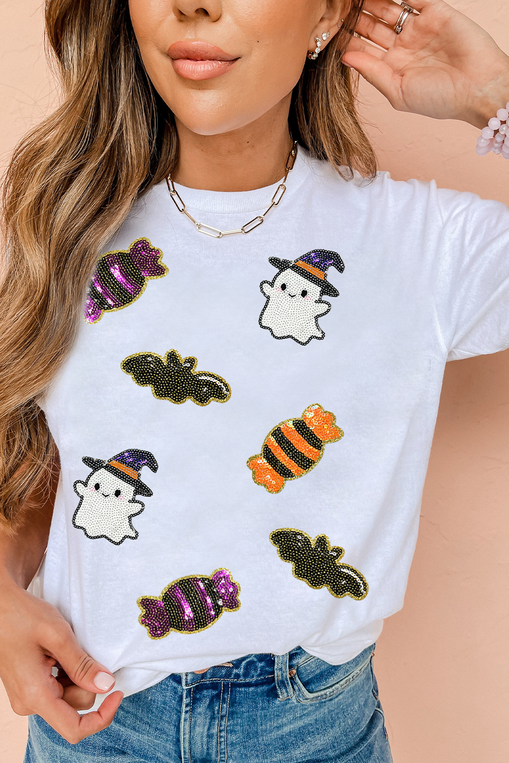 White Sequined Halloween Spirit Pattern Patched Custom Casual Tee - Image 4