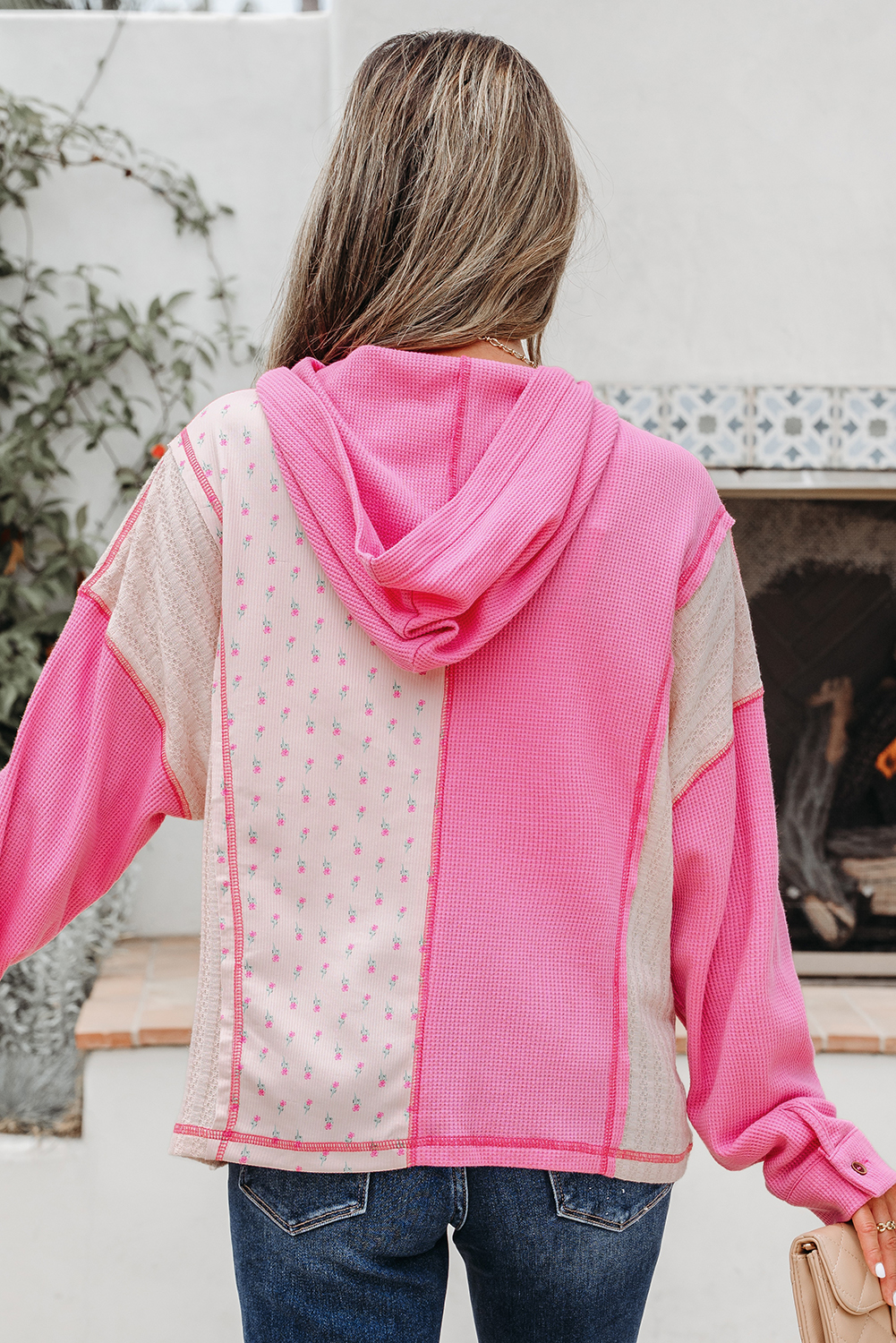 Pink Mixed Texture Waffle Floral Patchwork Hooded Oversize Pullover - Image 2