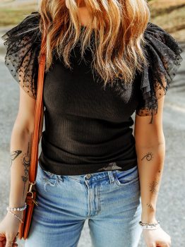 Black Dotty Mesh Ruffle Sleeve Ribbed Knit Top