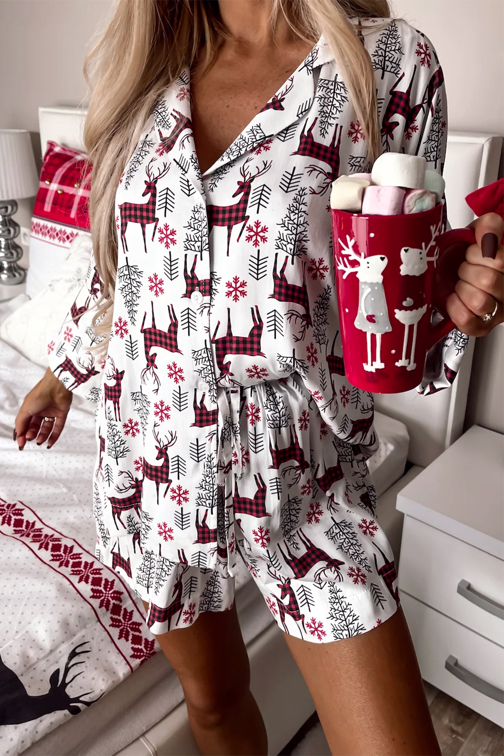 White Christmas Deer Printed Shirt and Shorts Lounge Set - Image 8