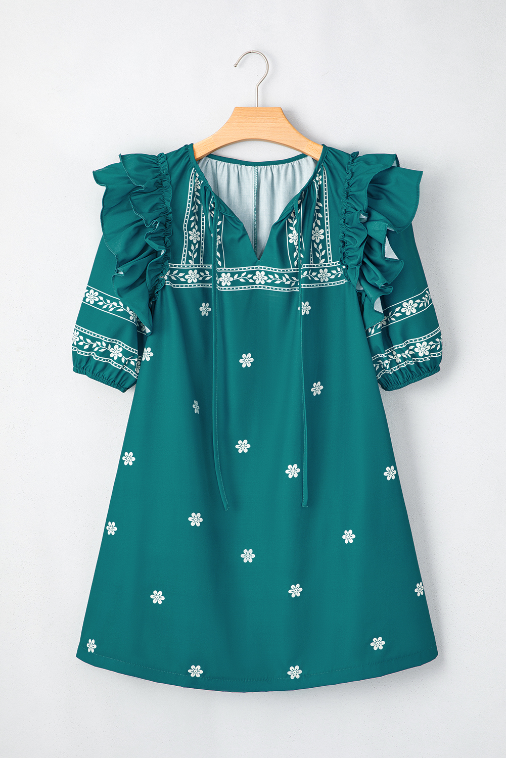 Skobeloff Boho Floral Ruffle Puff Sleeve Lace-up V Neck Mini Dress - Image 6