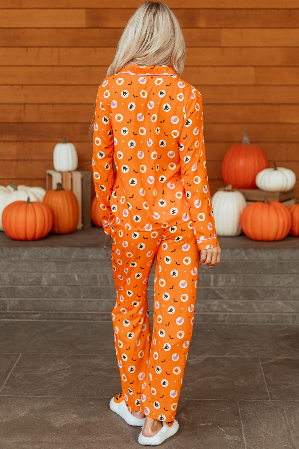 Orange Halloween Print Lapel Shirt Long 2pcs Pajama Set - Image 2