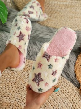 Beige Star Pattern Plush Home Slippers