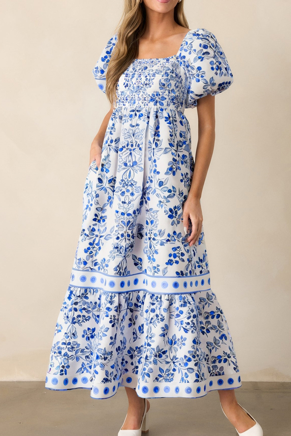 Sky Blue Floral Print Square Neck Bubble Sleeve High Waist Maxi Dress - Image 8