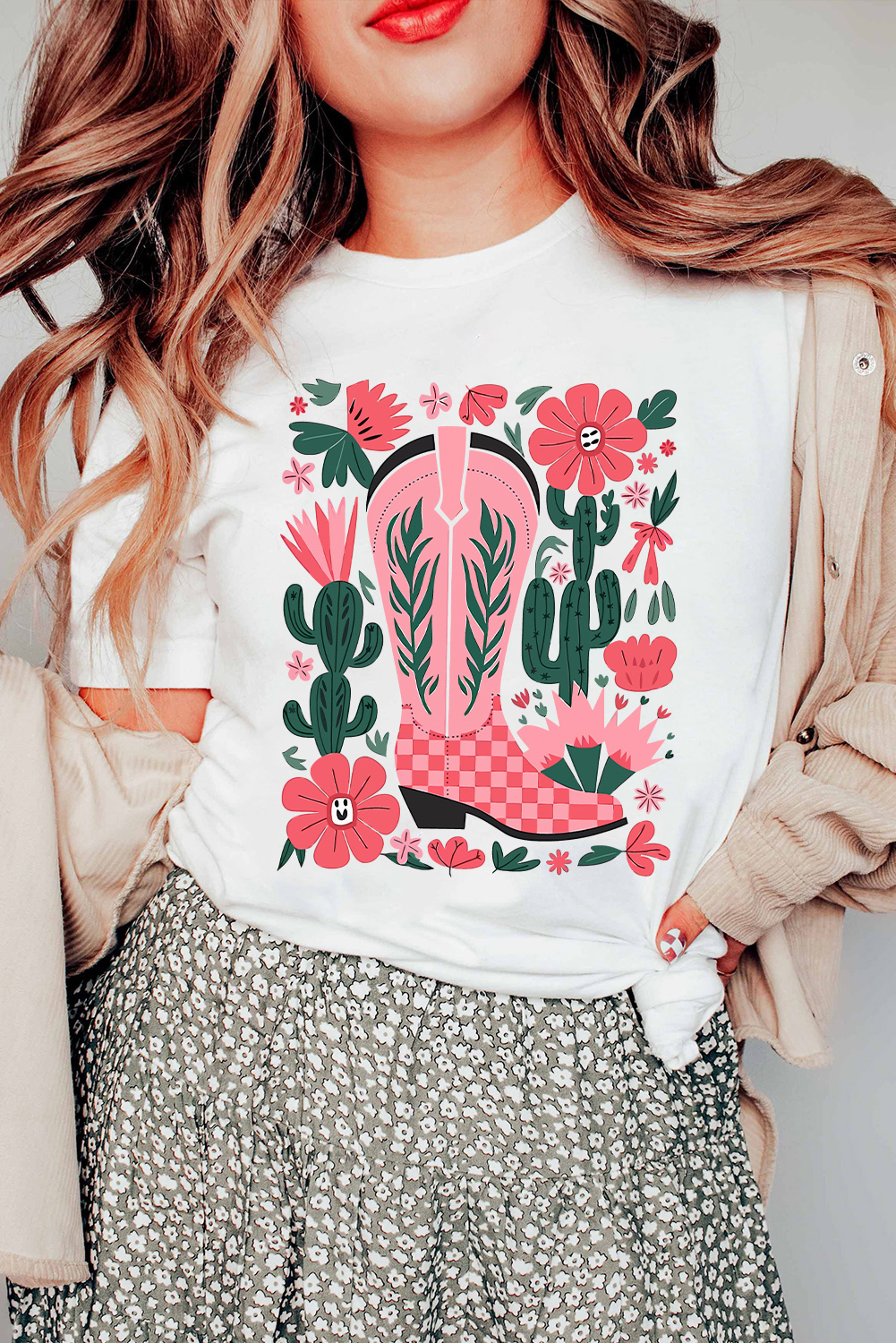 White Western Boots Flower Print Round Neck T Shirt - Image 3
