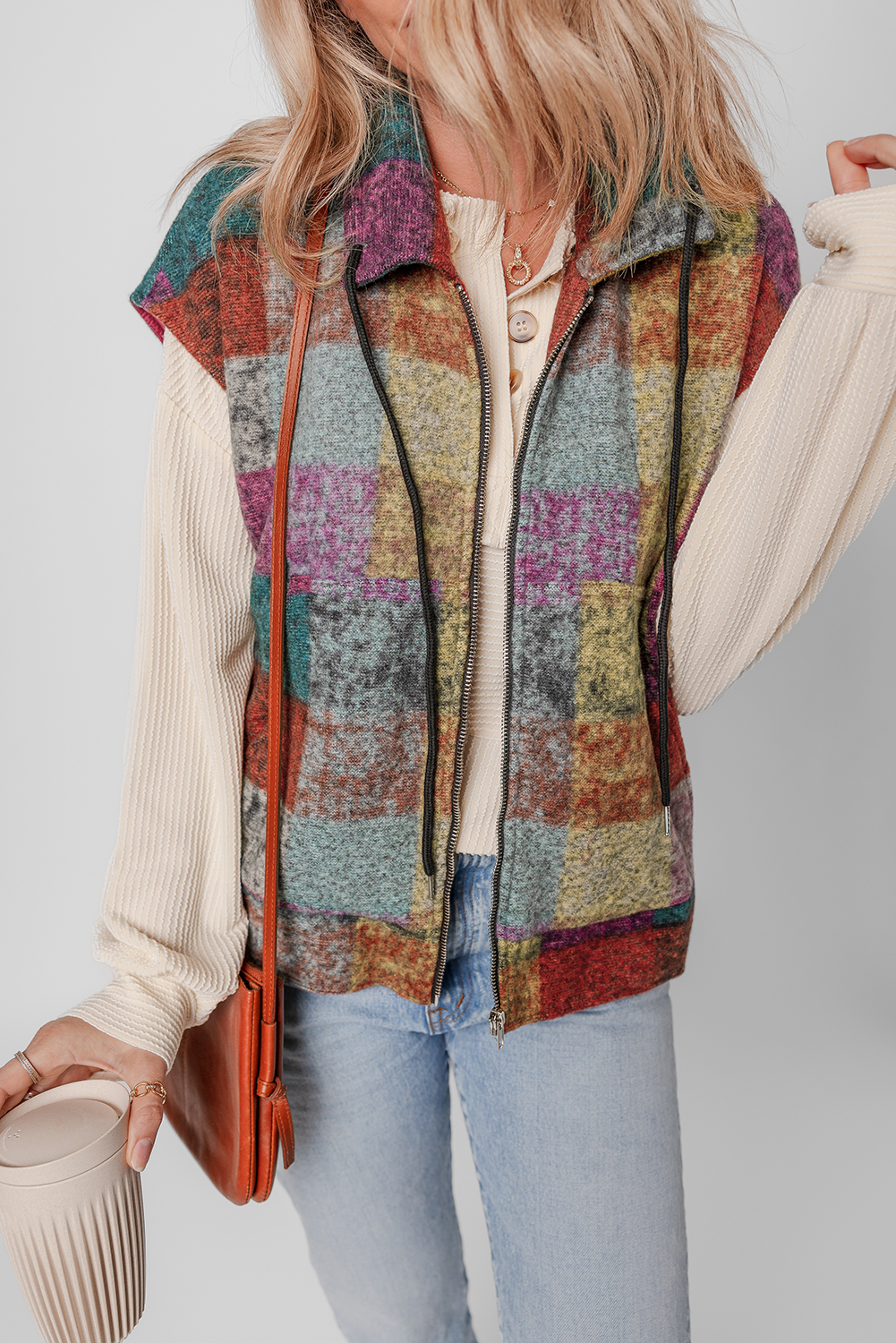 Multicolor Plaid Print Side Pockets Zipped Loose Vest - Image 5