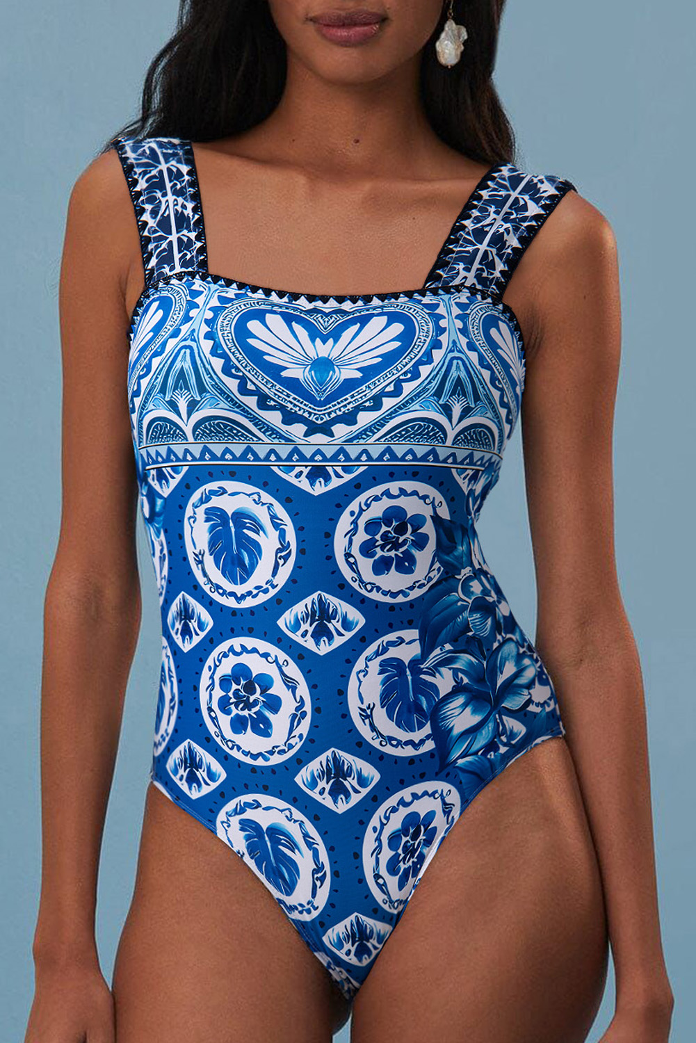 Blue Tile Pattern Ricrac Wide Straps Sheath One Piece Swimsuit - Image 7