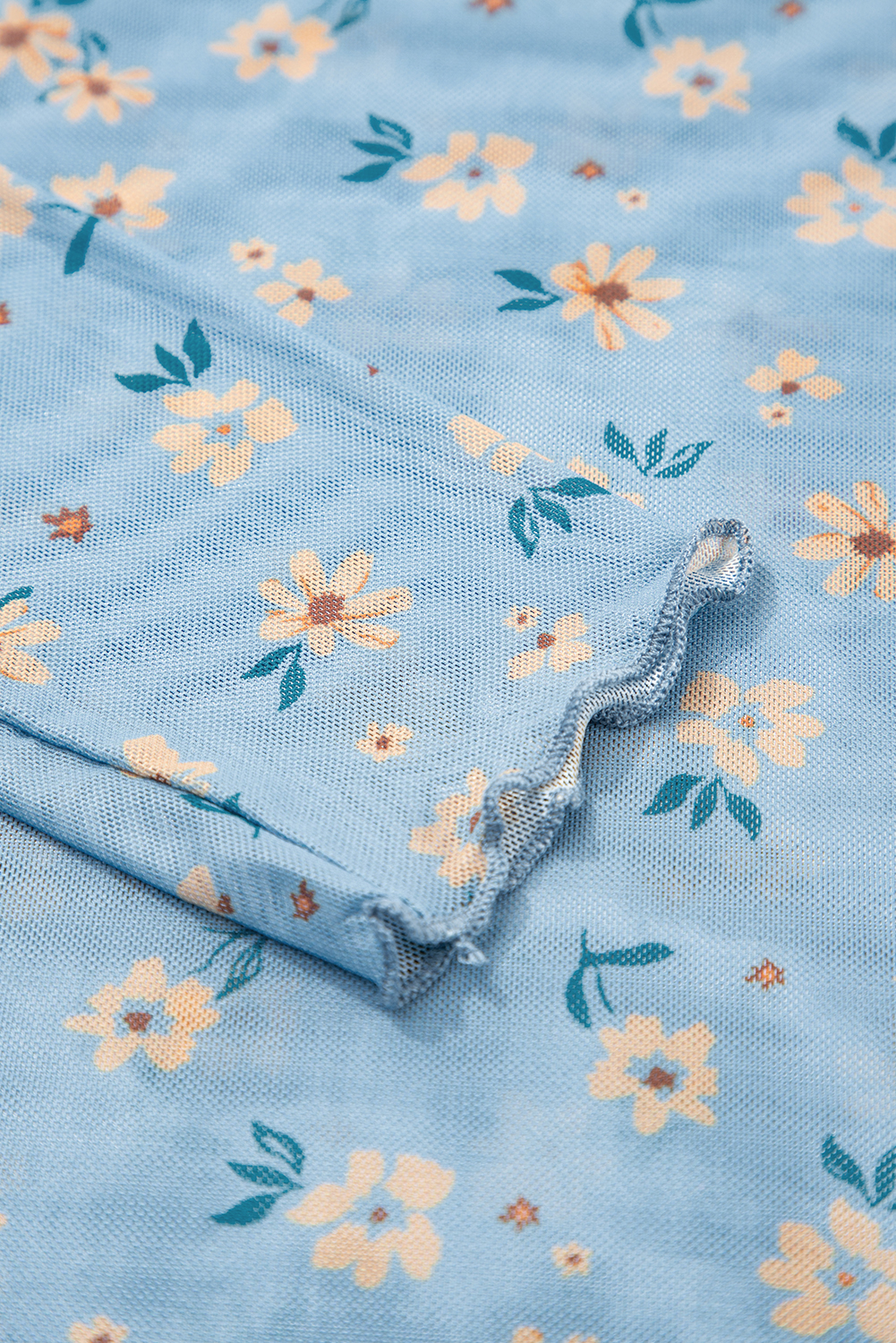 Sky Blue Vintage Floral Print Southern Style Mesh Long Sleeve Top - Image 12